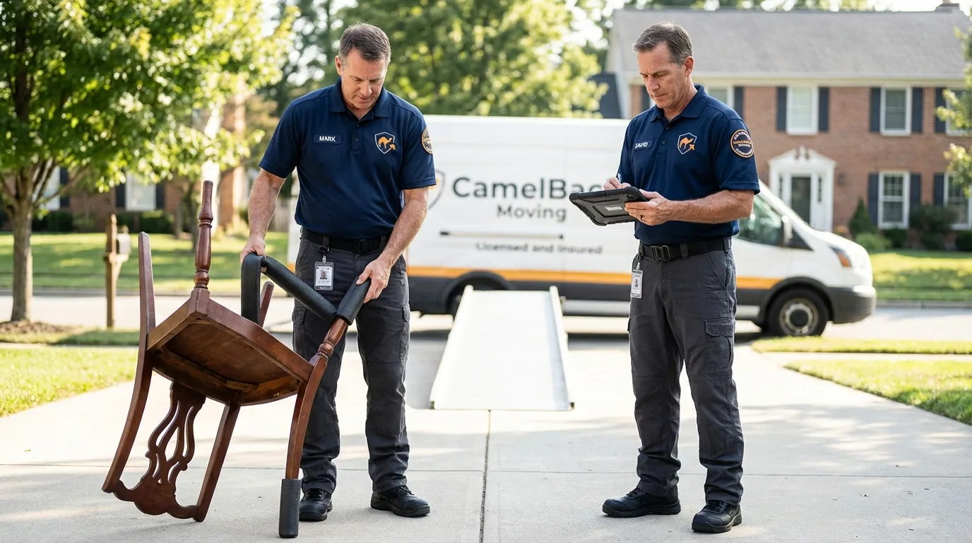 Movers inspecting furniture for damage prevention before loading in South Bay, FL
