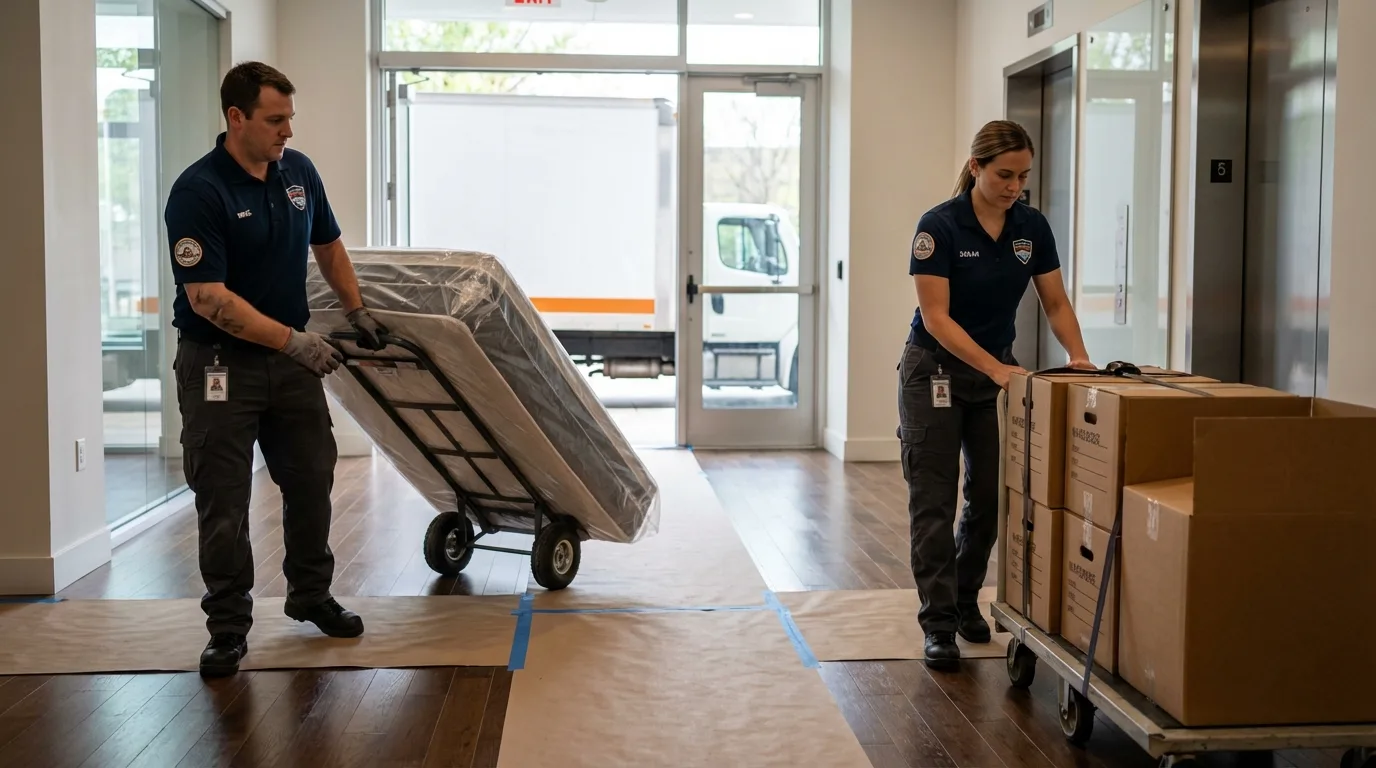 Professional apartment movers loading elevator in South Bay, FL