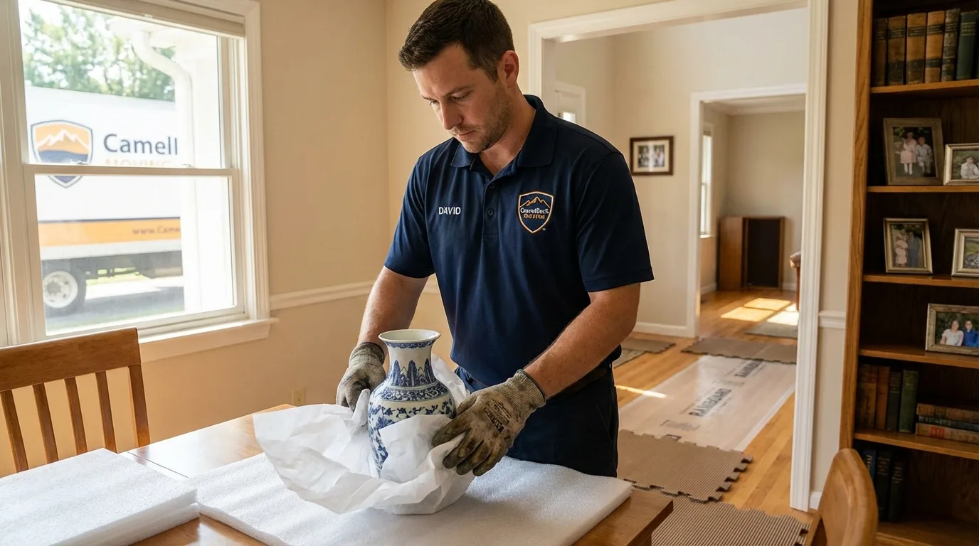Professional crew carefully wrapping antique vase for senior downsizing move in South Bay, FL